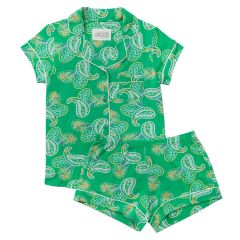 The Greenbrier "G" Logo Paisley Pima Knit Shorty Pajama Set- Green