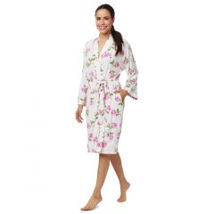 The Greenbrier Logo Millie Floral Print Pima Knit Kimono Robe- White/ Pink